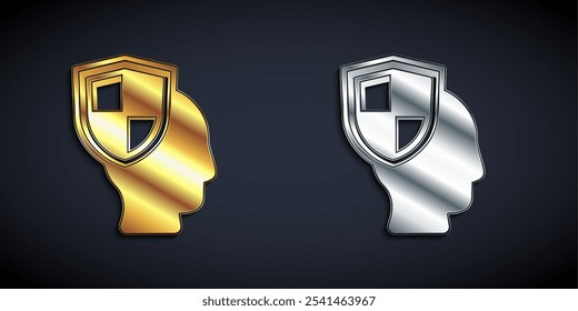 Ouro e prata Seguro de vida com ícone de escudo isolado no fundo preto. Segurança, segurança, proteção, conceito de proteção. Estilo de sombra longa. Vetor