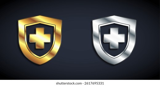 Gold and silver Life insurance with shield icon isolated on black background. Security, safety, protection, protect concept. Long shadow style. Vector