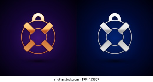 Gold and silver Lifebuoy icon isolated on black background. Lifebelt symbol.  Vector