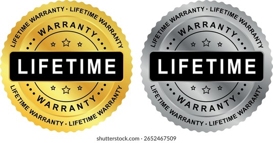 gold and silver lifetime warranty badges with stars and bold text for product quality assurance