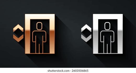 Gold and silver Lift icon isolated on black background. Elevator symbol. Long shadow style. Vector