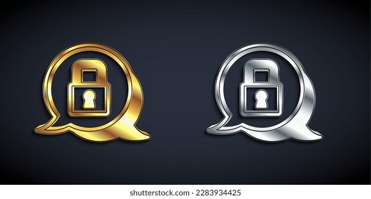 Gold and silver Lock icon isolated on black background. Padlock sign. Security, safety, protection, privacy concept. Long shadow style. Vector