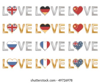 gold and silver love flags great britain germany china russia france and australia