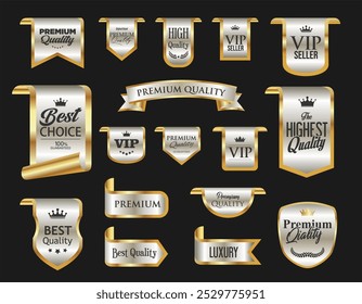 Ilustración de cinta de certificado de calidad premium de insignias y etiquetas de lujo de oro y plata