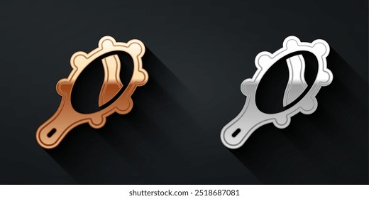 Gold and silver Magic hand mirror icon isolated on black background. Long shadow style. Vector