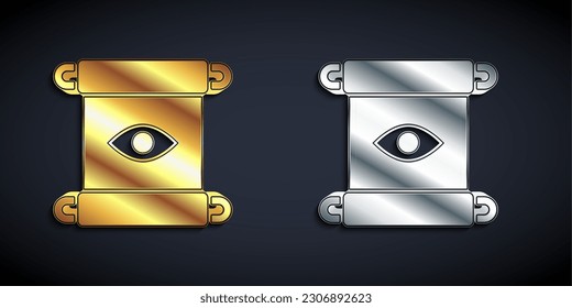Gold and silver Magic scroll icon isolated on black background. Decree, paper, parchment, scroll icon. Long shadow style. Vector