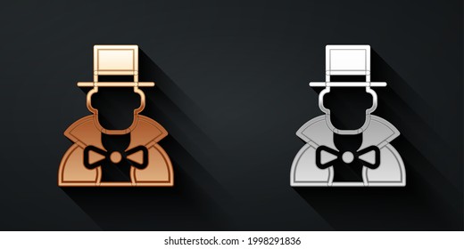 Gold and silver Magician icon isolated on black background. Long shadow style. Vector