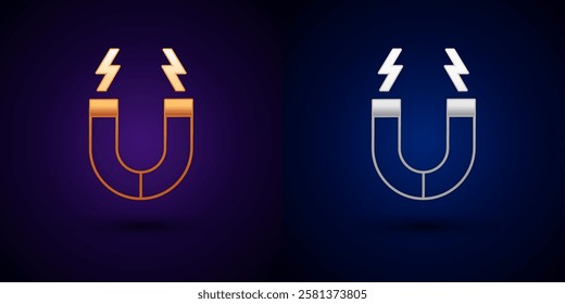 Gold and silver Magnet icon isolated on black background. Horseshoe magnet, magnetism, magnetize, attraction.  Vector