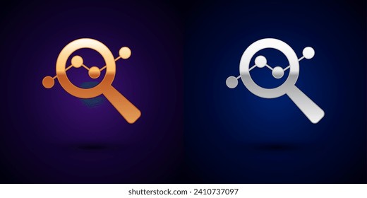 Gold and silver Magnifying glass and data analysis icon isolated on black background. Search sign.  Vector