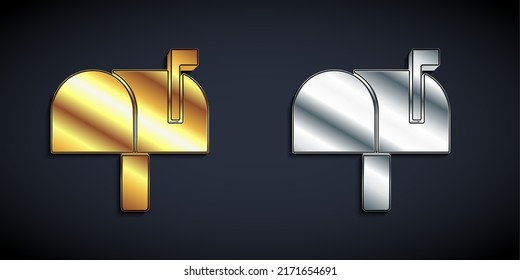 Gold and silver Mail box icon isolated on black background. Mailbox icon. Mail postbox on pole with flag. Long shadow style. Vector