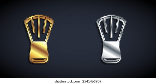 Gold and silver Makeup brush icon isolated on black background. Long shadow style. Vector