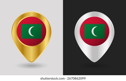 Icono de pin de mapa de bandera de Maldivas de oro y plata