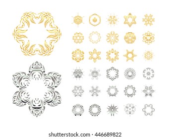  Gold, silver mandala on background. Traditional golden, silver decor