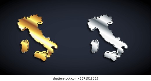 Gold and silver Map of Italy icon isolated on black background. Long shadow style. Vector