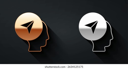 Gold and silver Map marker with a silhouette of a person icon isolated on black background. GPS location symbol. Long shadow style. Vector