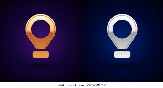 Gold and silver Map pin icon isolated on black background. Navigation, pointer, location, map, gps, direction, place, compass, search concept.  Vector