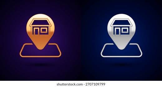 Pin de mapa de oro y plata con el edificio de compras o el icono de la tienda del mercado aislado en fondo negro. Construcción de tiendas.  Vector