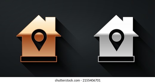 Gold and silver Map pointer with house icon isolated on black background. Home location marker symbol. Long shadow style. Vector