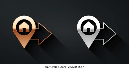 Gold and silver Map pointer with house icon isolated on black background. Home location marker symbol. Long shadow style. Vector