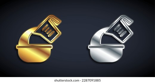 Gold and silver Measuring cup pouring liquid into bowl icon isolated on black background. Plastic graduated beaker with handle. Long shadow style. Vector