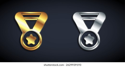 Gold and silver Medal icon isolated on black background. Winner symbol. Long shadow style. Vector