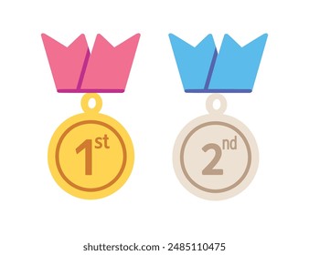 A gold and silver medal with the number 1 and 2. The medals hangs on a ribbon with blue and pink stripes. Vector illustration