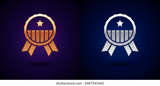 Gold and silver Medal with star icon isolated on black background. Winner achievement sign. Award medal.  Vector
