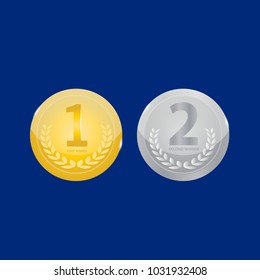 Gold and Silver Medal Vector. Golden 1st Place Badge. Silver 2 st Place Badge. Sport Game Golden Challenge Award. Red Ribbon. Isolated. Olive Branch. Realistic illustration.