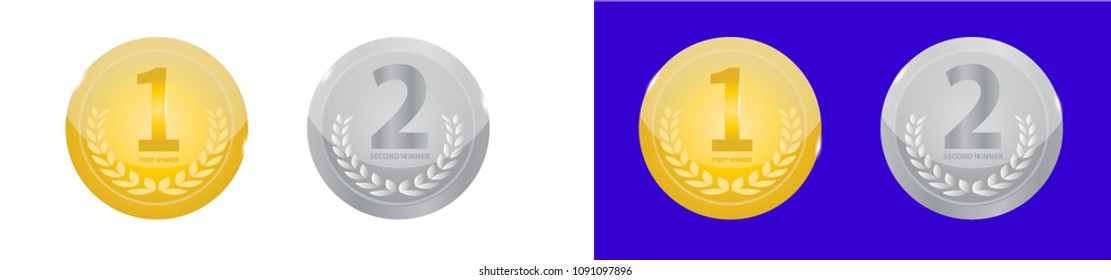 Gold and Silver Medal Vector. Golden 1st Place Badge. Silver 2 st Place Badge. Sport Game Golden Challenge Award. Red Ribbon. Isolated. Olive Branch. Realistic illustration.