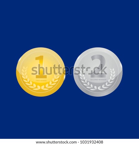 Gold and Silver Medal Vector. Golden 1st Place Badge. Silver 2 st Place Badge. Sport Game Golden Challenge Award. Red Ribbon. Isolated. Olive Branch. Realistic illustration.