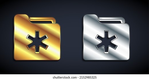 Gold And Silver Medical Health Record Folder For Healthcare Icon Isolated On Black Background. Patient File Icon. Medical History Symbol. Long Shadow Style. Vector