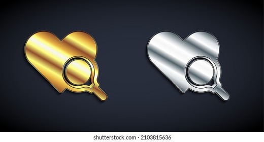 Gold and silver Medical heart inspection icon isolated on black background. Heart magnifier search. Long shadow style. Vector