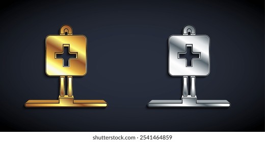 Gold and silver Medical map pointer with cross hospital icon isolated on black background. Long shadow style. Vector