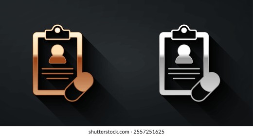 Gold and silver Medical prescription icon isolated on black background. Rx form. Recipe medical. Pharmacy or medicine symbol. Long shadow style. Vector