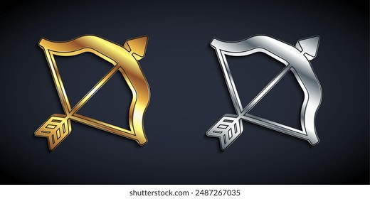 Icono de arco y flecha medieval de oro y plata aislado sobre fondo negro. Arma medieval. Estilo de sombra larga. Vector