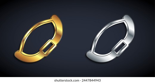 Icono de arco medieval dorado y plateado aislado sobre fondo negro. Arma medieval. Estilo de sombra larga. Vector