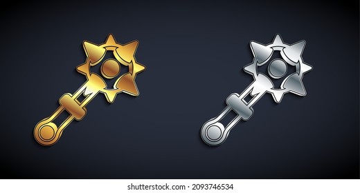 Gold und Silber, gekettetes Symbol aus dem Mittelalter, einzeln auf schwarzem Hintergrund. Morgenstern mittelalterliche Waffe oder Gefecht mit Spitzen. Lange Schattenstil. Vektorgrafik
