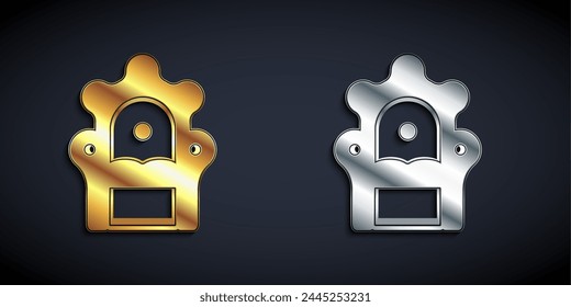 Gold and silver Medieval throne icon isolated on black background. Long shadow style. Vector