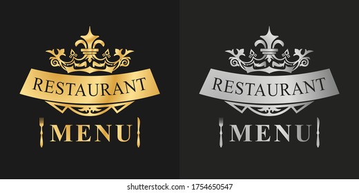 Logo del menú dorado y plateado para restaurante, cafetería.