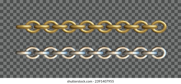 Gold, silver metal chains. 3d realistic vector