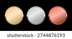 Gold and silver metal circles frames set, Shining metallic 3d circles: gold, silver, bronze medals, Sparkling metal rings medals, precious awards badges, buttons on black background.