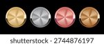 Gold and silver metal circles frames set, Shining metallic 3d circles: gold, silver, bronze, rose gold medals, Sparkling metal rings medals, precious awards badges, buttons on black background.