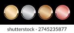 Gold and silver metal circles frames set, Shining metallic 3d circles: gold, silver, bronze, rose gold medals, Sparkling metal rings medals, precious awards badges, buttons on black background.