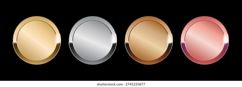 Gold and silver metal circles frames set, Shining metallic 3d circles: gold, silver, bronze, rose gold medals, Sparkling metal rings medals, precious awards badges, buttons on black background.