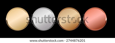 Gold and silver metal circles frames set, Shining metallic 3d circles: gold, silver, bronze, rose gold medals, Sparkling metal rings medals, precious awards badges, buttons on black background.
