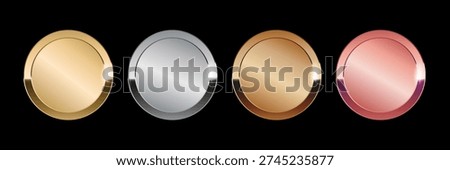 Gold and silver metal circles frames set, Shining metallic 3d circles: gold, silver, bronze, rose gold medals, Sparkling metal rings medals, precious awards badges, buttons on black background.