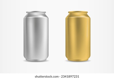 Gold Silver Metallic Aluminum Can Set Soda Beer Drink Branding Mockup Vector Illustration