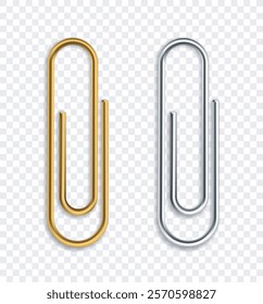 Gold and silver metallic paper clips on a transparent background, minimalistic style. Concept of stationery, organization, office supplies. Vector illustration