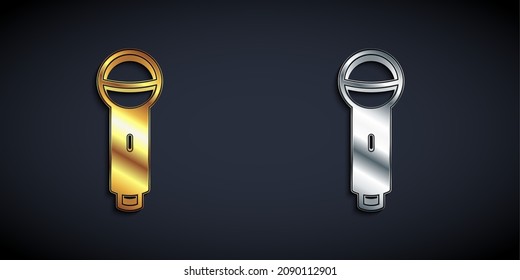 Gold and silver Microphone icon isolated on black background. On air radio mic microphone. Speaker sign. Long shadow style. Vector