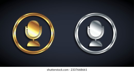 Gold and silver Microphone icon isolated on black background. On air radio mic microphone. Speaker sign. Long shadow style. Vector